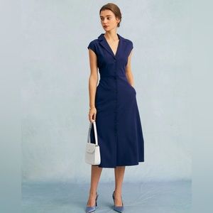 NWT RIHOAS The Navy V Neck Button Cap Sleeve Midi Dress Sz S